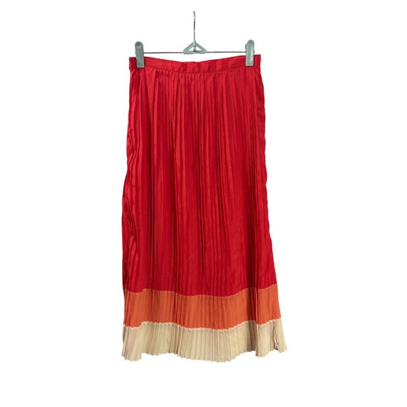 Forever 21 Colorblock Pleated Midi Skirt XS Red Orange Beige Polyester Side Zip - Picture 2 of 3